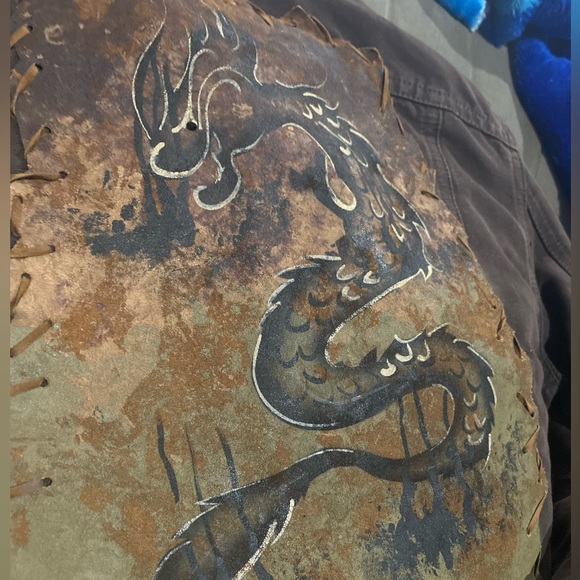 Vintage Cropped Dragon Patch Denim Jacket Brown 42 - Picture 11 of 14